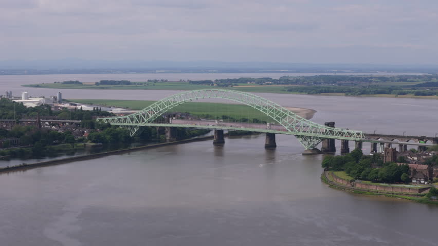 Aerial view of the Silver Jubilee Bridge in Cheshire, England