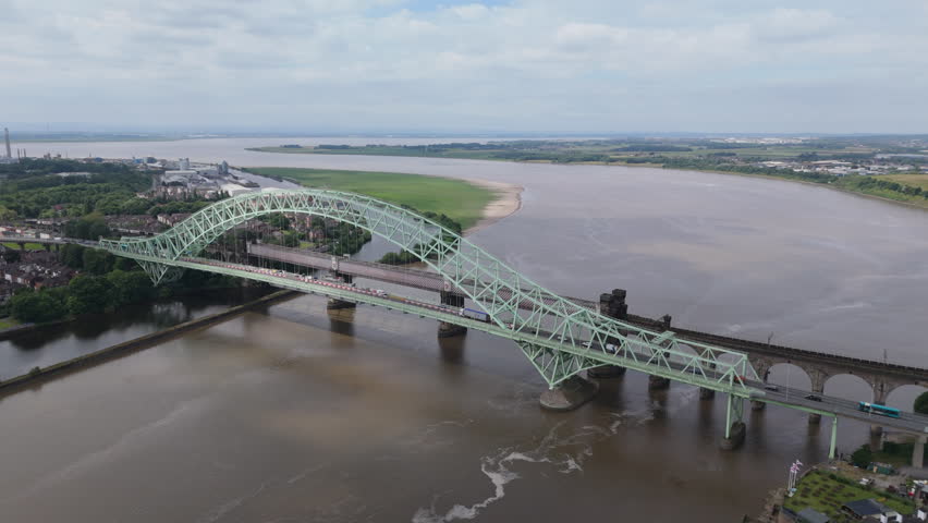 Aerial view of the Silver Jubilee Bridge in Cheshire, England