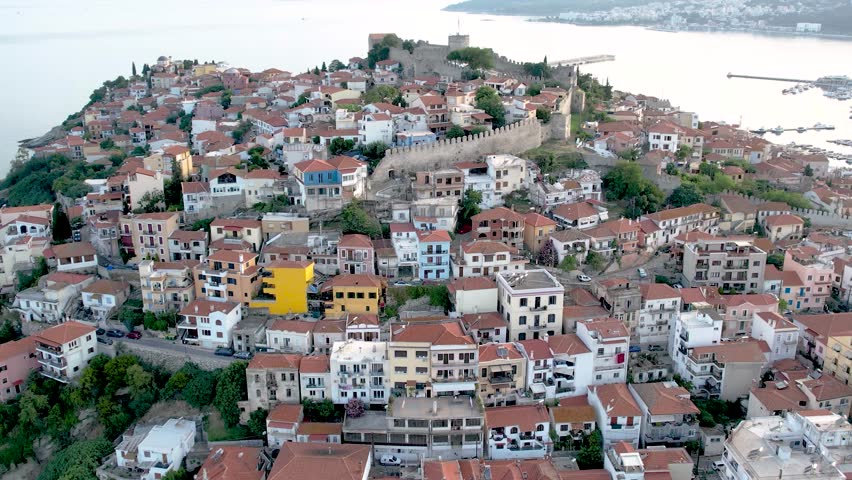 Kavala Greece Aerial Point of Interest Shot Showing Old Town and Fortress