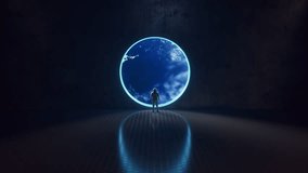 An astronaut stands in a futuristic room, gazing out a large, glowing circular window at Earth from space, capturing the awe and solitude of space exploration. 3D Illustration - Powered by Shutterstock - Get 15% off with code: PIKWIZARD15