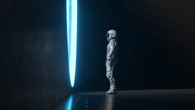 A side view of an astronaut standing in a dark, futuristic room, illuminated by a bright blue light from a circular window, highlighting the reflective details of the space suit. 3D Illustration - Powered by Shutterstock - Get 15% off with code: PIKWIZARD15