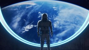 A close-up of an astronaut standing at a large, glowing circular window, looking at Earth from space. The detailed view of the planet and the glowing frame create a striking visual. 3D Illustration - Powered by Shutterstock - Get 15% off with code: PIKWIZARD15