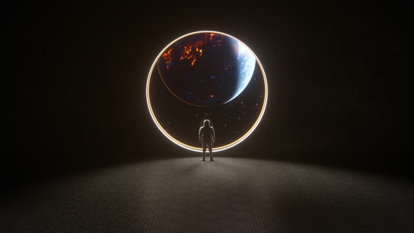 An astronaut stands in a dark, futuristic room, looking at a beautifully illuminated Earth through a large circular window with a glowing orange frame, emphasizing the planet's night. 3D Illustration - Powered by Shutterstock - Get 15% off with code: PIKWIZARD15