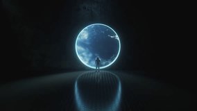 An astronaut stands in a futuristic room, gazing out a large, glowing circular window at Earth from space, capturing the awe and solitude of space exploration. 3D Illustration - Powered by Shutterstock - Get 15% off with code: PIKWIZARD15