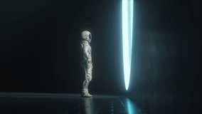 A side view of an astronaut standing in a dark, futuristic room, illuminated by a bright blue light from a circular window, highlighting the reflective details of the space suit. 3D Illustration - Powered by Shutterstock - Get 15% off with code: PIKWIZARD15