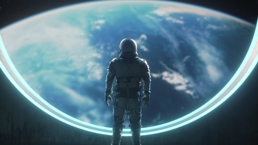 A close-up of an astronaut standing at a large, glowing circular window, looking at Earth from space. The detailed view of the planet and the glowing frame create a striking visual. 3D Illustration