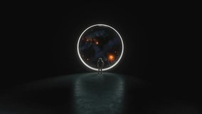 An astronaut stands in a dark, futuristic room, observing a vibrant aurora borealis through a large, glowing circular window, highlighting the beauty of space phenomena. 3D Illustration - Powered by Shutterstock - Get 15% off with code: PIKWIZARD15