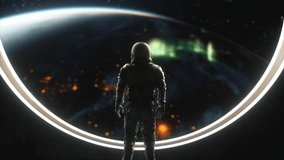 A close-up of an astronaut observing the vibrant aurora borealis through a large, glowing circular window in space, highlighting the breathtaking beauty of Earth's atmospheric. 3D Illustration - Powered by Shutterstock - Get 15% off with code: PIKWIZARD15