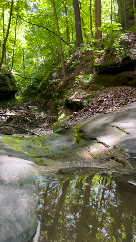 Water flows over natural sandstone rock formations in the forest wilderness. Located within Starved Rock State Park in LaSalle County, Illinois.