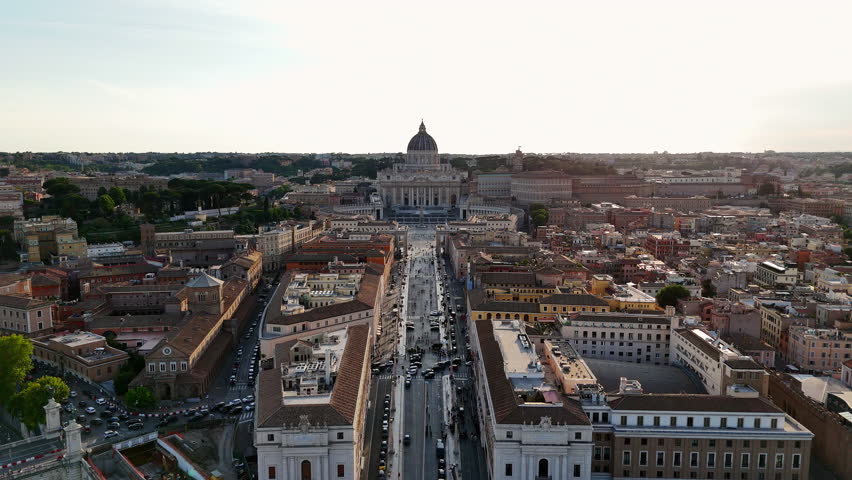Aerial view of the dwarf Vatican City state in Rome, Italy. Top view of St. Peter