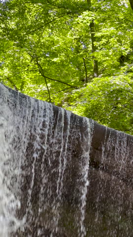 Waterfall flows over a rocky canyon in the forest wilderness, closeup views. Green leafy trees stand tall above the waterfall. Located within Starved Rock State Park in LaSalle County, Illinois.