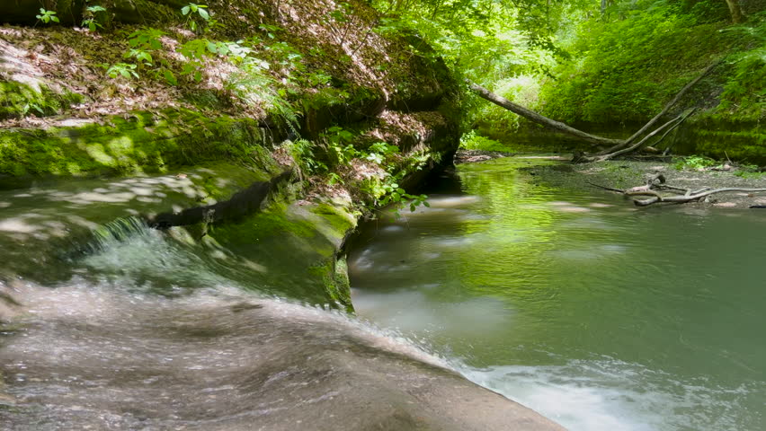 Flowing stream of water over sandstone rock formations in a canyon. Forest scene with lush green leafy plants and trees. Located within Starved Rock State Park in LaSalle County, Illinois.