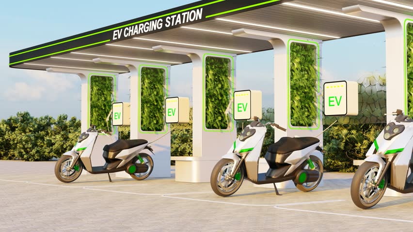 High-speed EV charging station for electric motorcycles on city streets with energy battery charging cable and plug. Electric Motorcycle Technology with charging station, 3D Render