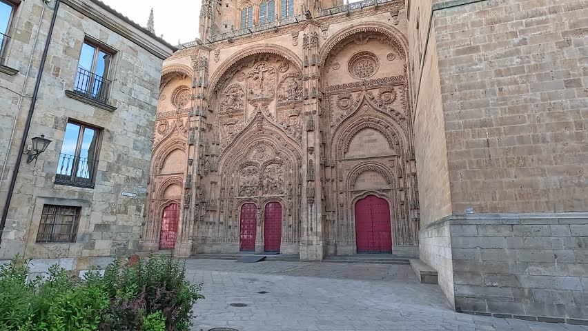 Tilt view of the main facade of the Salamanca cathedral, Castilla y Leon, Spain