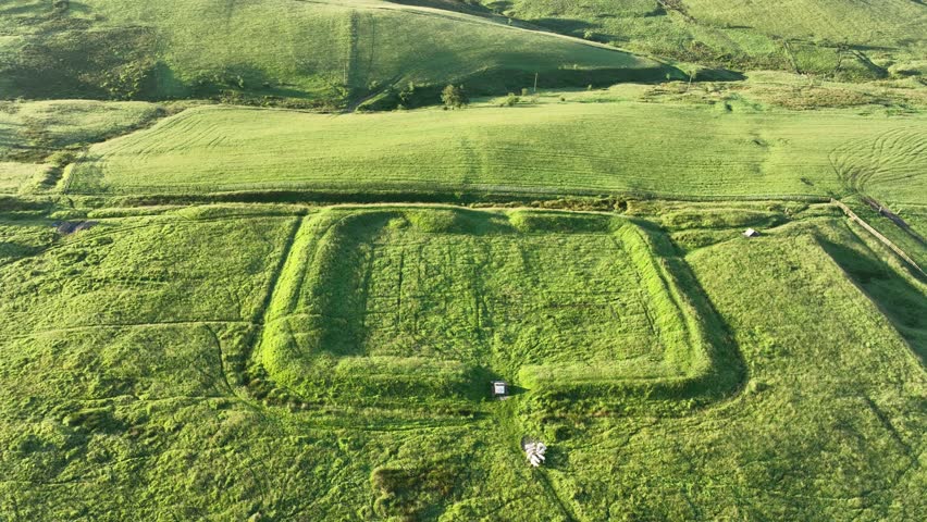 Aerial view of  archaeological site of the Castleshaw Roman Fort, Delph, Oldham, UK