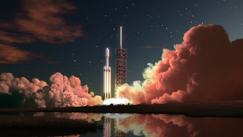 Night launch of heavy space rocket. 3d animation. 4k.