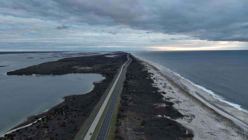 An aerial view of the Jones Beach, New York in the winter
