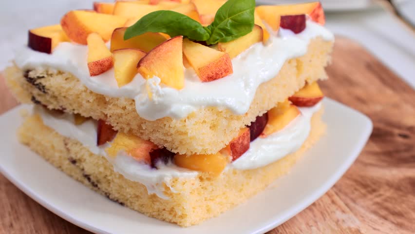 Eating homemade peach shortcake with fresh peaches and whipped cream with a fork close up