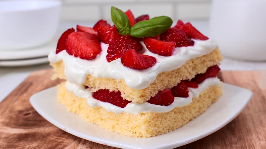 Eating strawberry shortcake with fresh strawberries and whipped cream with a fork close up