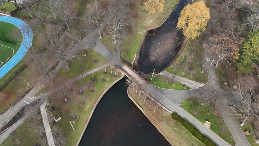 An aerial view of a park in a suburban neighborhood on Long Island, NY