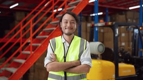 Happy warehouse worker wearing a safety vest, standing with crossed arms in front of a forklift and industrial shelving. - Powered by Shutterstock - Get 15% off with code: PIKWIZARD15