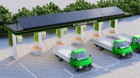 Electric Delivery Vans charging in charging station, modern electric EV delivery vans, pick up truck are being charging station, Generic electric EV delivery van on a charging station, 3d Rendering - Powered by Shutterstock - Get 15% off with code: PIKWIZARD15