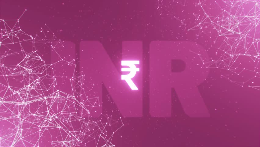 INR Indian Rupee currency sign rotating on plexus background. Plexus with moving and connected lines and Indian Rupee symbol. 3D render. Motion graphics, seamless