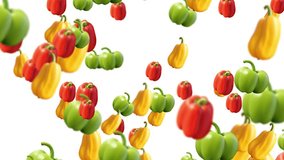 Capsicum Falling Animation. Slow Motion Of Fresh Lots Capsicum Falling On White Background . Yellow, Green And Red Healthy Fresh Peppers Falling On White Bg , Peppers Vegetable And Food Eating Food - Powered by Shutterstock - Get 15% off with code: PIKWIZARD15