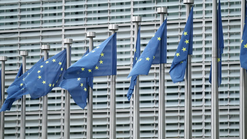 EU flags outside a Brussels building symbolize unity among member nations, representing EU institutions. It embodies the EUs commitment to international collaboration and collective policymaking