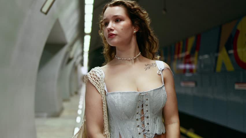 Beautiful young woman waiting for a train at the subway station alone Pretty girl at evening after hard study or work looks on metro trams at underground