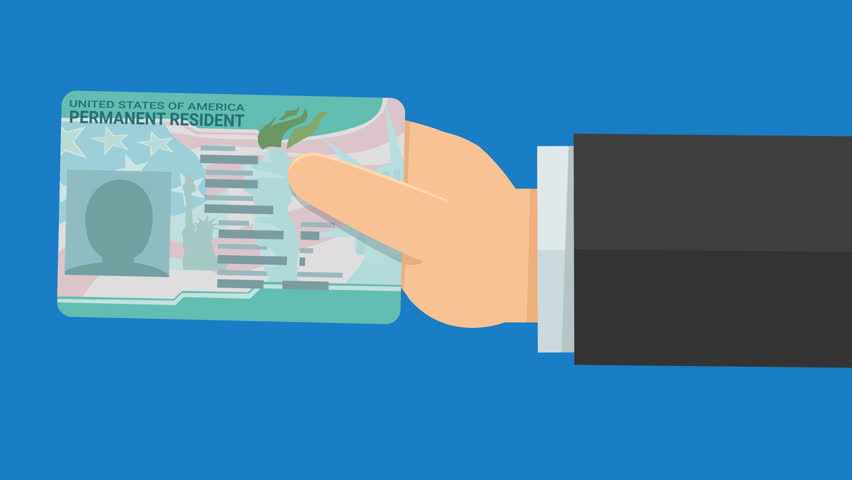 Animation of a hand with green card, permanent resident card in the United States from the right on blue background (flat design)