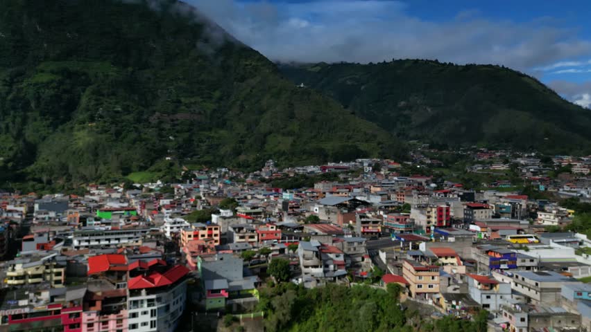 Aerial drone view of Baños de Agua Santa village, Tungurahua province, Ecuador
