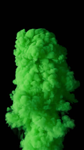 Slow motion 3D animation of green smoke. The file contains an Alpha Channel. The smoke moves slowly into the frame in thick cloud-like tubers.