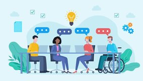 Video clip of people working at a desk on laptops with dialogue clouds appearing next to them. A light bulb appears in the center of the screen and document and gear icons appear on the sides. Flat de - Powered by Shutterstock - Get 15% off with code: PIKWIZARD15