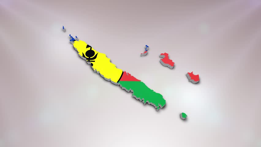 New Caledonia Flag on its Country Map, 3D Map Flag Opener Suitable for Politics, Elections, Travel, News and Sports Events and Presentations