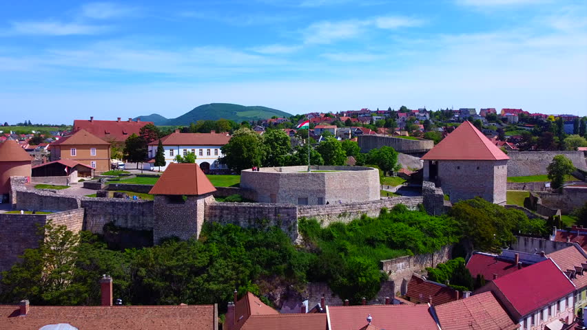 Drone view of the castle and cathedral in Eger.
