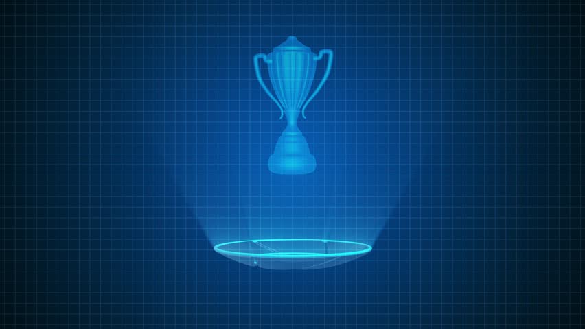 Blue Hologram Trophy with Grid Background. 3D Trophy Hologram. 4K