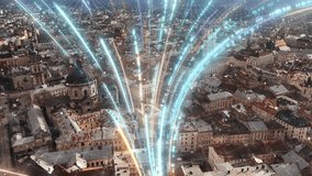 Visualization of Information Flows and Lines Flying from Mobile Phone into Global Network. Aerial Drone Shot. Successful young beautiful woman Uses Smartphone in the city - Powered by Shutterstock - Get 15% off with code: PIKWIZARD15