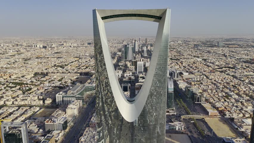 Drone shot flying. Saudi Arabia. Riyadh. Kingdom tower. Day.