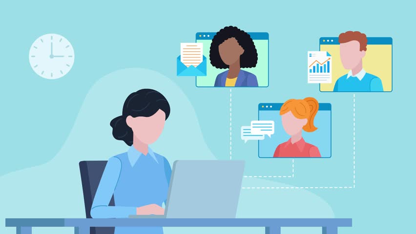 Video of a woman working on laptop and having conversation with three people. Icons of email, document, and speaking bubble show near other people. Diverse work team. Education and learning. - Powered by Shutterstock - Get 15% off with code: PIKWIZARD15