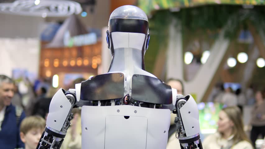 Advanced humanoid robot on display during a tech exhibition, showcasing cutting-edge robotics technology. - Powered by Shutterstock - Get 15% off with code: PIKWIZARD15