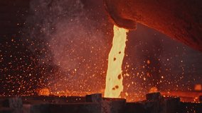 Pit pours liquid metal into molds. Stock footage. Liquid mass of molten metal pours out of pit. Stream of liquid metal is poured into molds at metallurgical plant - Powered by Shutterstock - Get 15% off with code: PIKWIZARD15