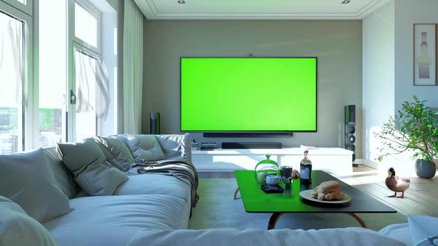 background minimalist living room with big tv green screen  white concept motion graphic animated video