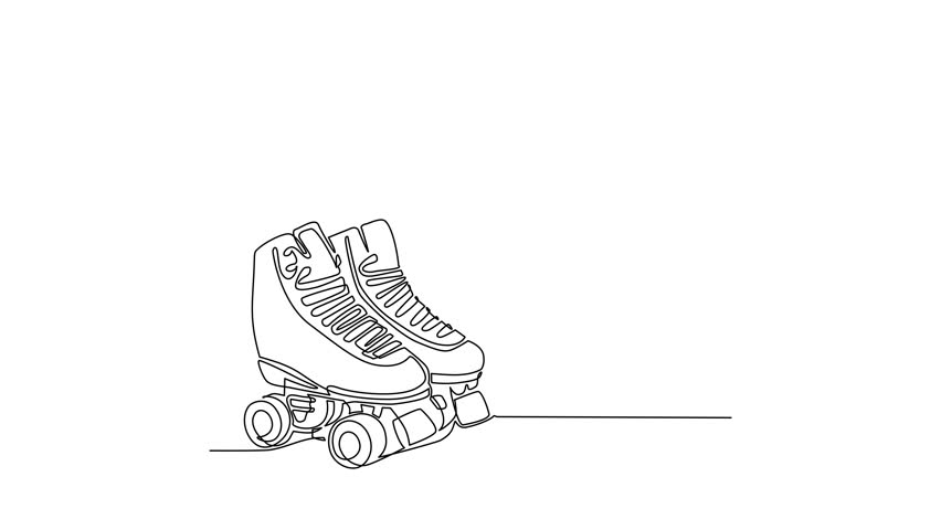 Animated self drawing of continuous line draw pair of vintage, retro quad roller skates icon logo symbol. Sketch style pair of quad roller skates with white laces. Full length one line animation