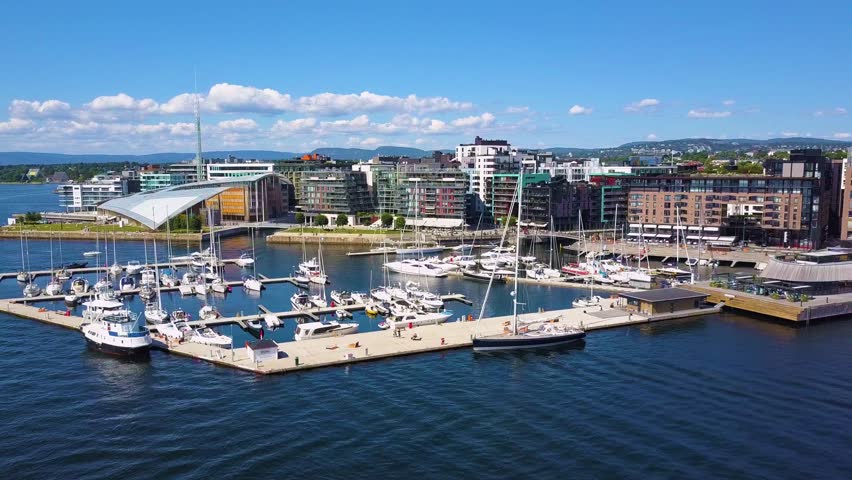 Oslo harbor at the Aker Brygge and Tjuvholmen neighbourhood aerial view in Oslo. Oslo is the capital of Norway.