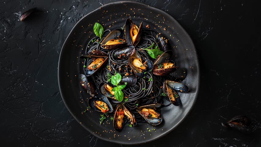 Top view of gourmet squid ink spaghetti with fresh clams and mussels on a dark plate, garnished with herbs.