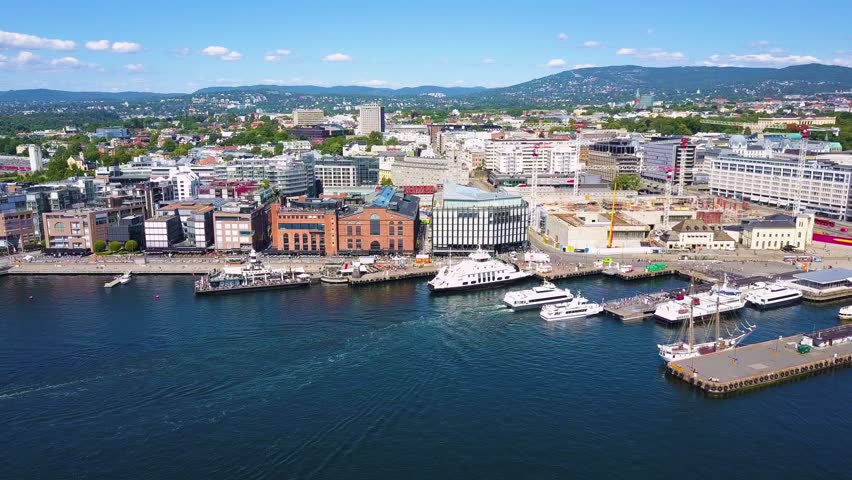 Oslo harbor at the Aker Brygge and Tjuvholmen neighbourhood aerial view in Oslo. Oslo is the capital of Norway.