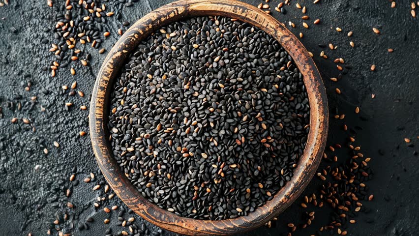 Top view of black sesame seeds in a rustic wooden bowl placed on a dark surface. High-quality culinary ingredient.
