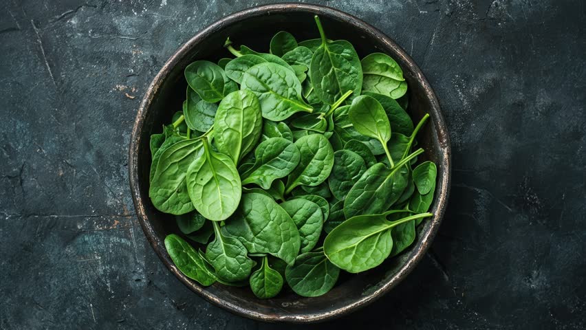 Top view of fresh spinach leaves in a rustic metal bowl on a dark textured background. Perfect for healthy eating and vegan food concepts.