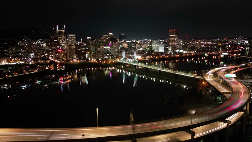A hyperlapse aerial footage of the city of Portland at night in Oregon, United States